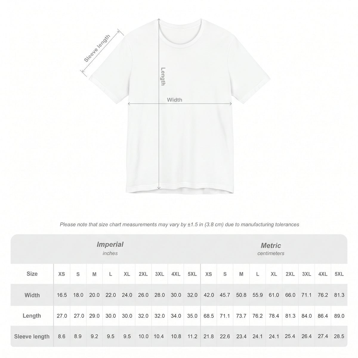 Bella Canvas 3001 Size Chart